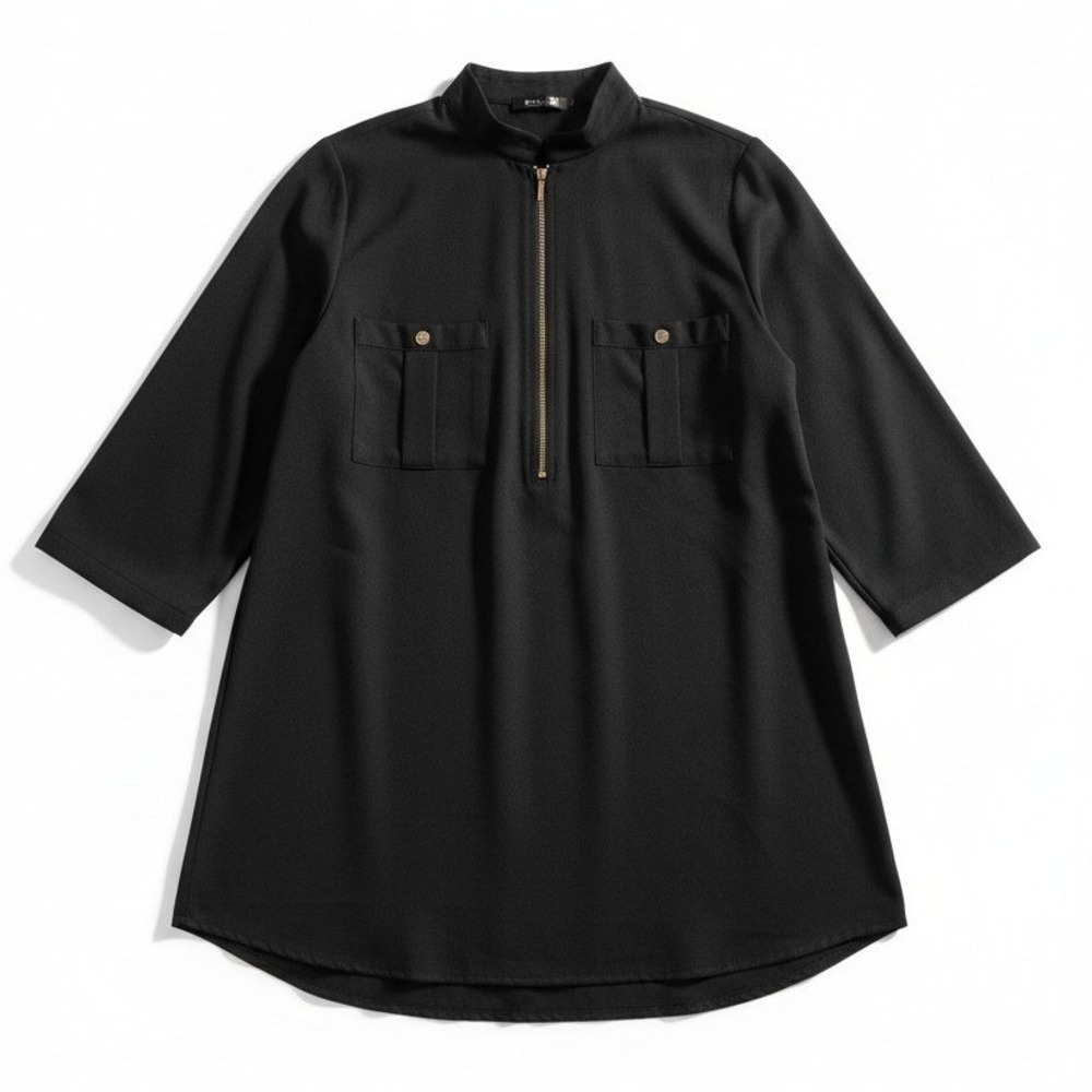 Mileage Black Half Zip Tunic Top, Women's 3X, 3/4 Roll Tab Sleeve Gold Hardware
